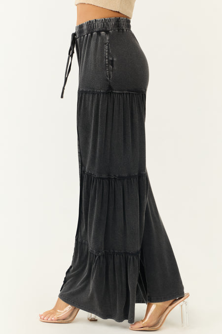 Charcoal Mineral Wash Tiered Wide Leg Pants