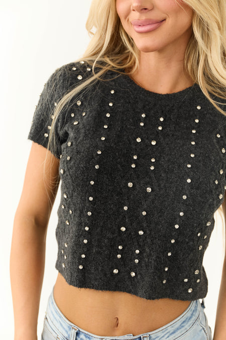 Charcoal Rhinestone Detail Crop Sweater Top