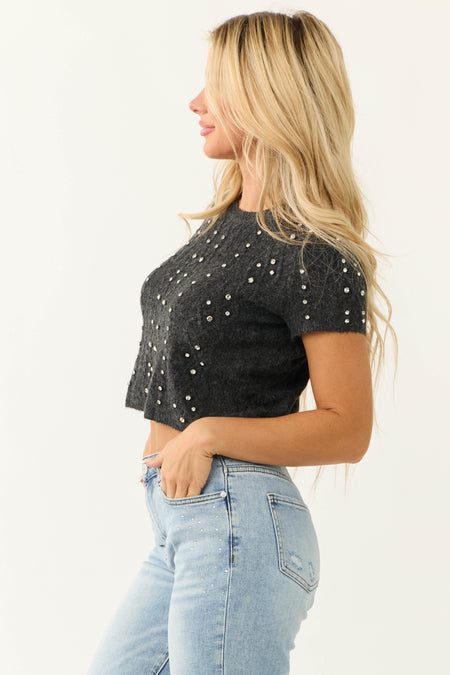 Charcoal Rhinestone Detail Crop Sweater Top