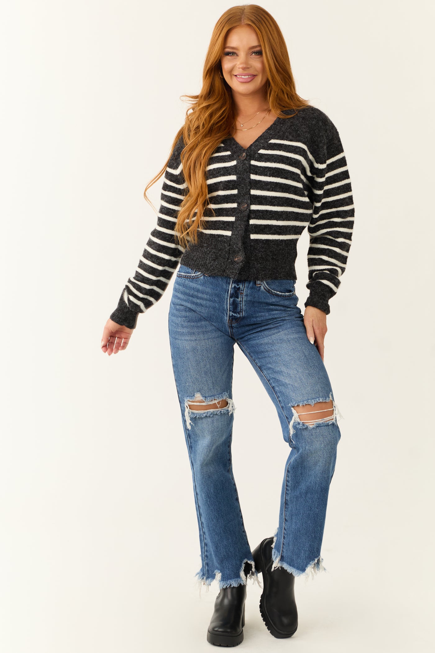 Charcoal Striped Cropped Button Up Cardigan