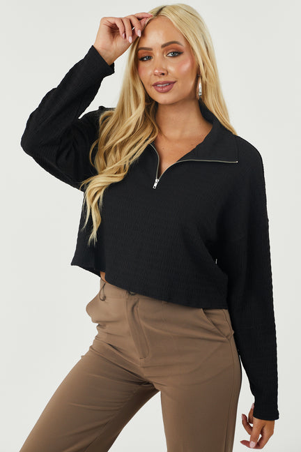 Charcoal Textured Half Zip Up Collared Top