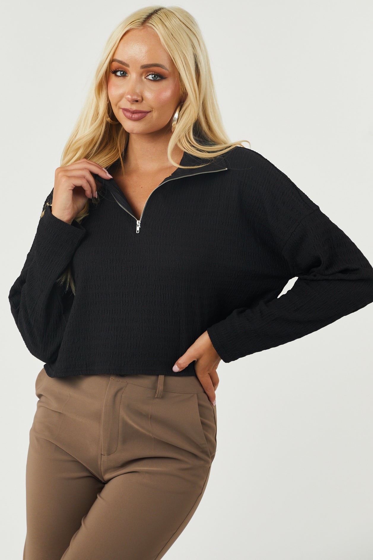 Charcoal Textured Half Zip Up Collared Top