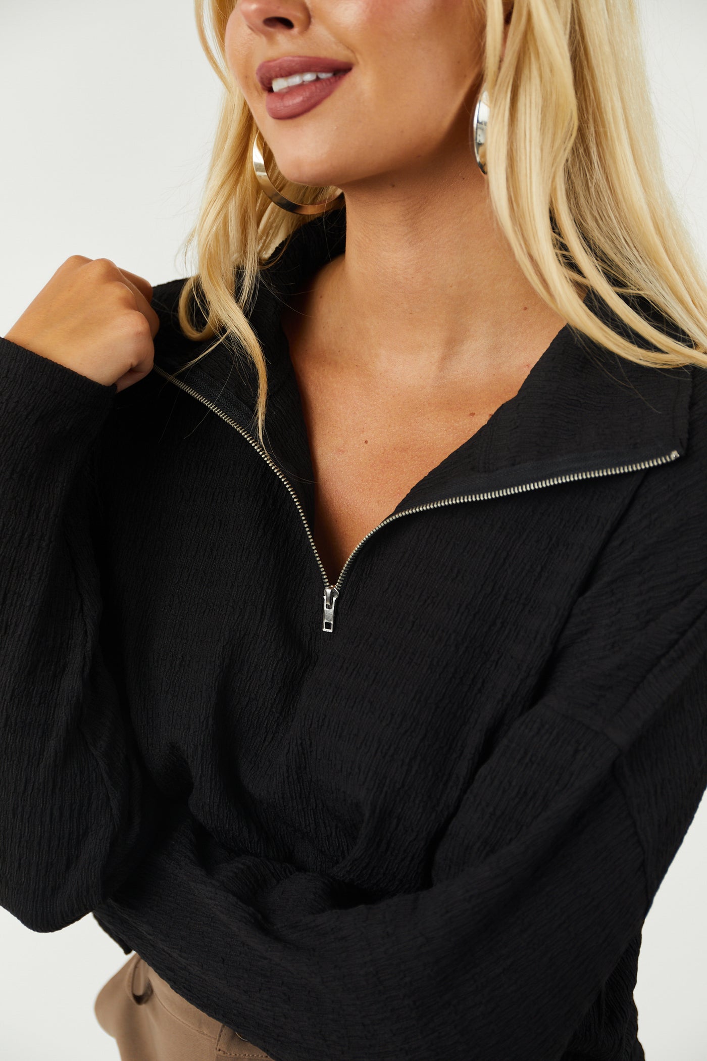 Charcoal Textured Half Zip Up Collared Top