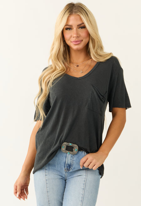 Charcoal V Neck Chest Pocket Short Sleeve Top