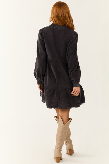 Charcoal Washed Corduroy Tiered Short Dress