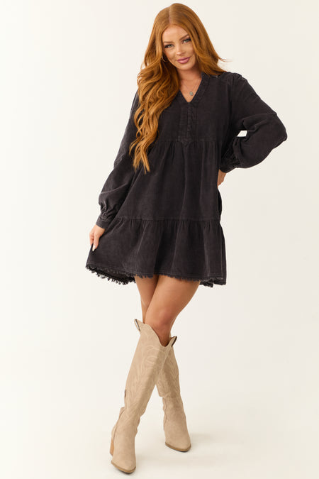 Charcoal Washed Corduroy Tiered Short Dress