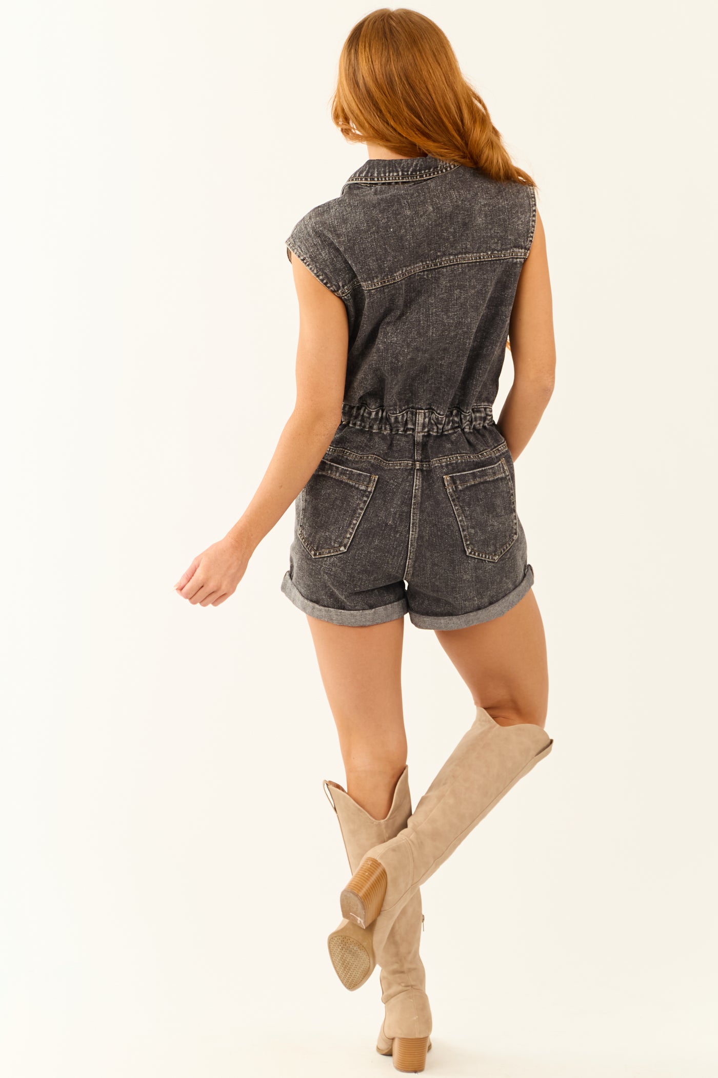 Charcoal Washed Denim Button Down Sleeveless Romper