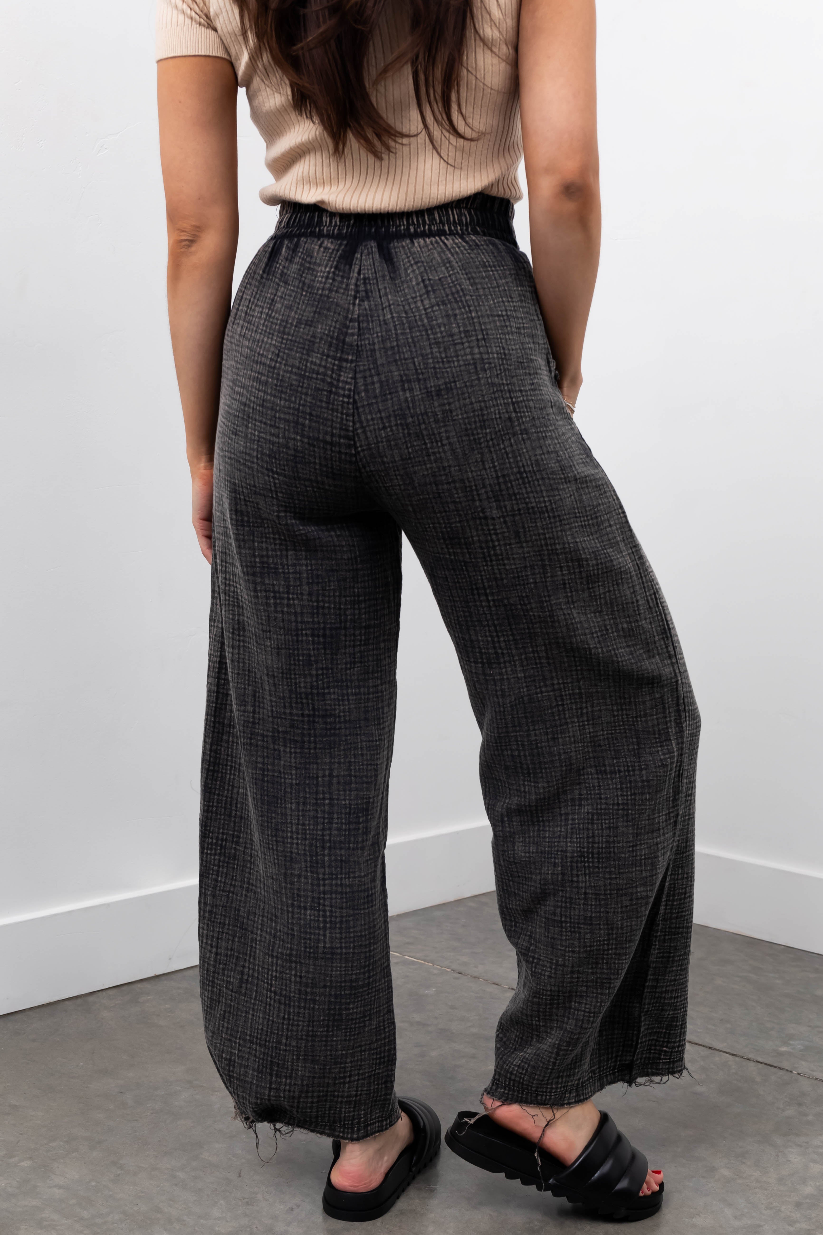 Charcoal Washed Elastic Waist Wide Leg Pants