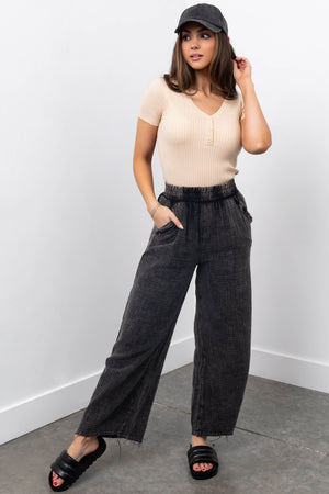 Charcoal Washed Elastic Waist Wide Leg Pants