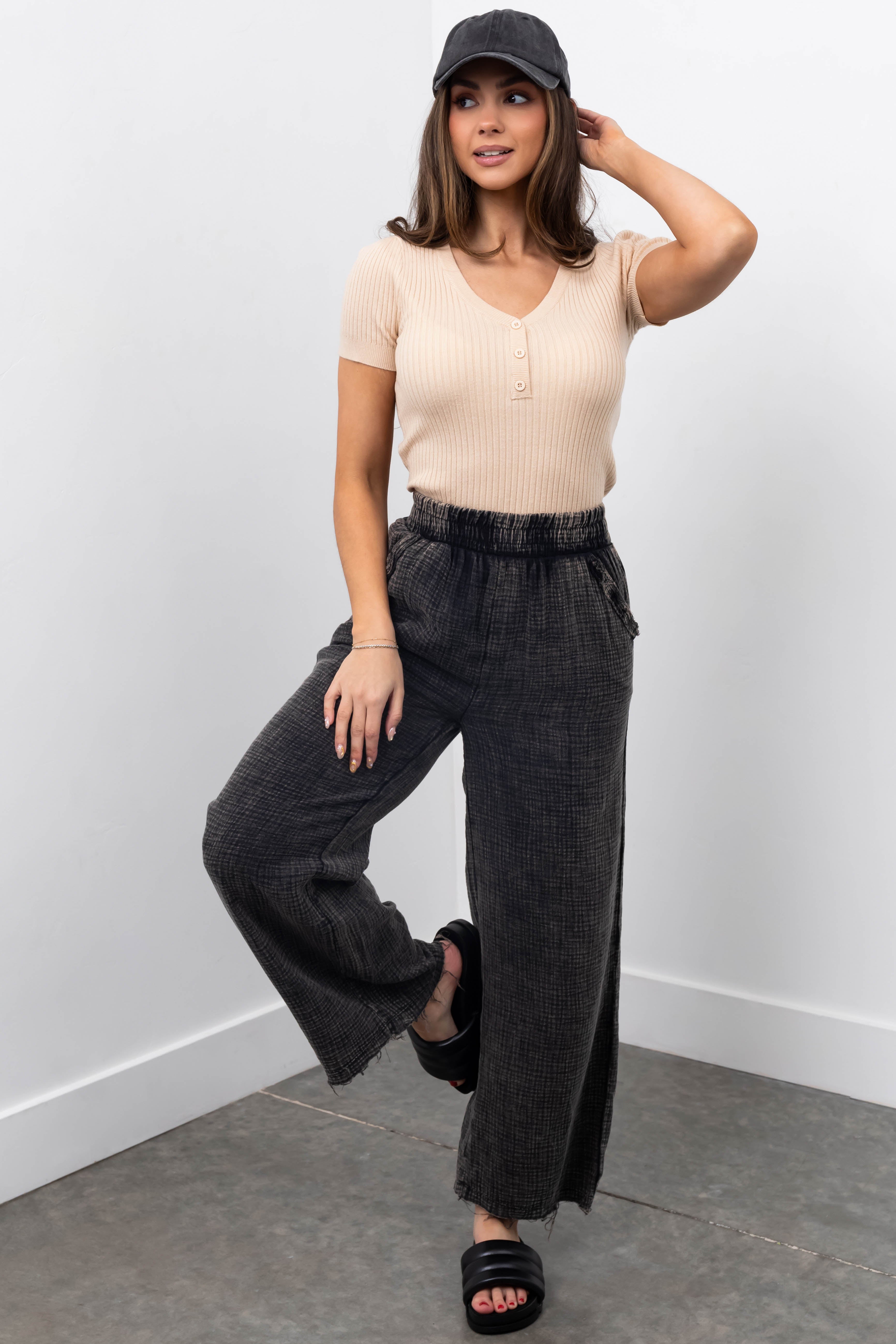 Charcoal Washed Elastic Waist Wide Leg Pants