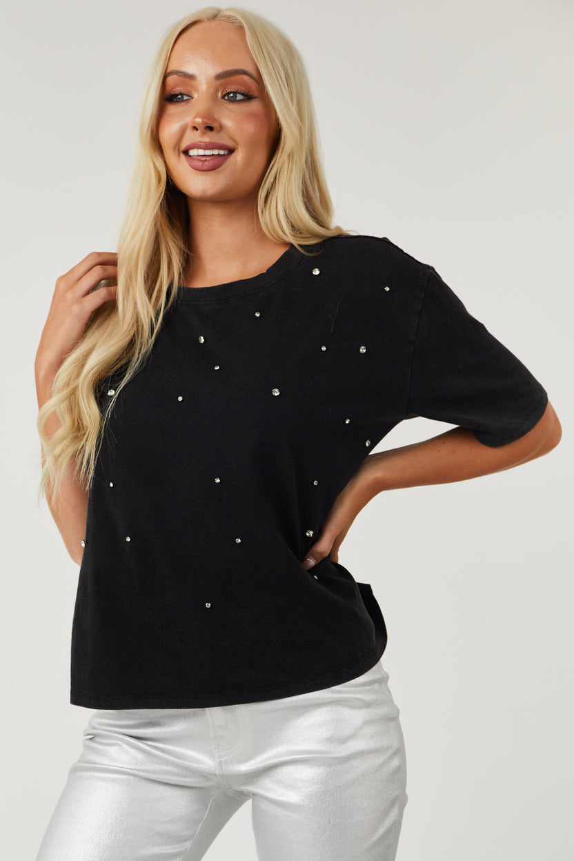 Charcoal Washed Oversized Rhinestone Studded Tee