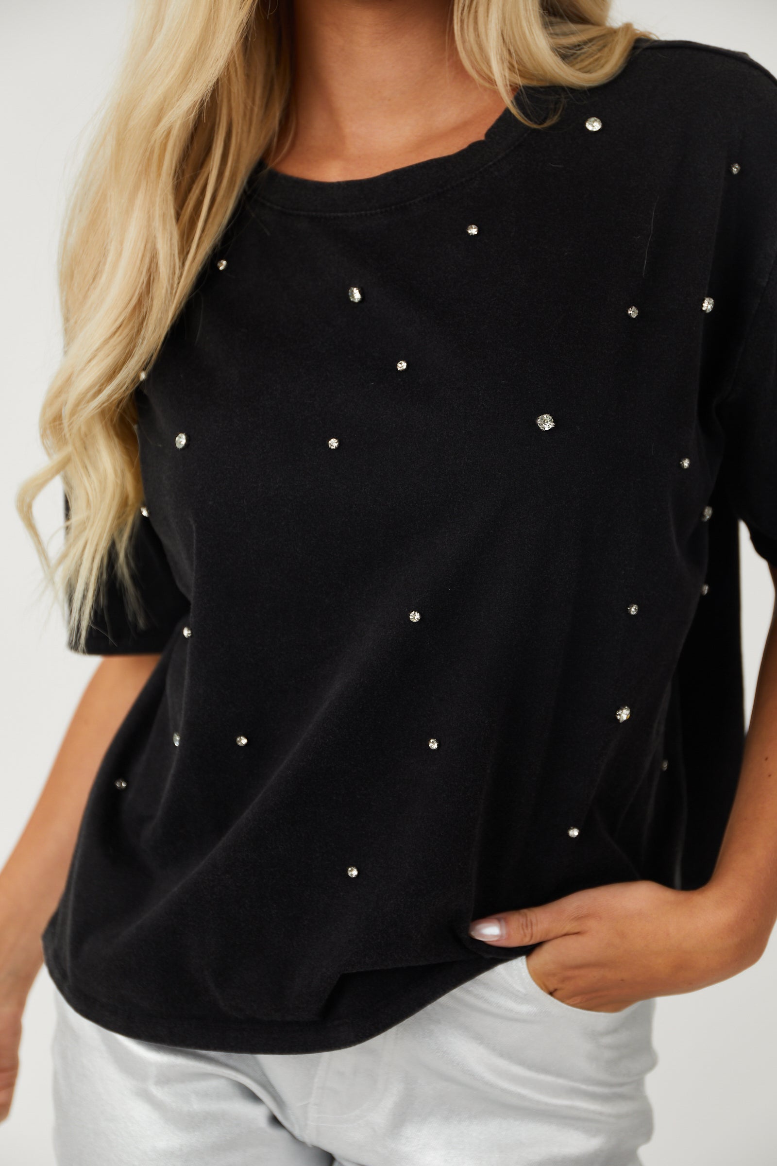 Charcoal Washed Oversized Rhinestone Studded Tee