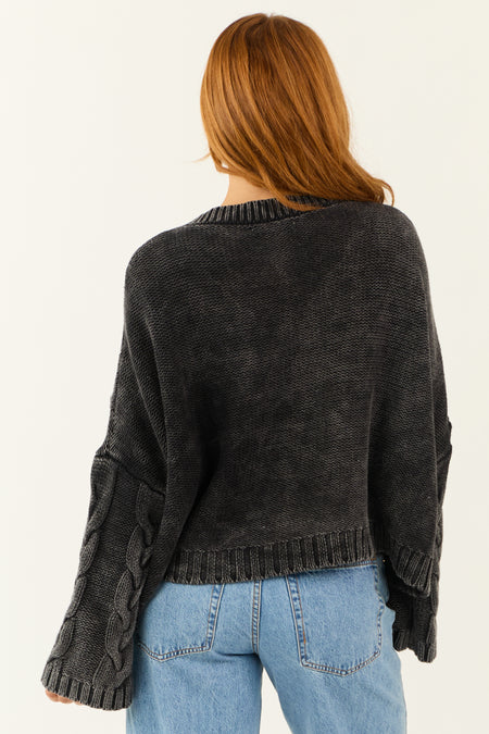 Charcoal Washed V Neck Cable Knit Sweater