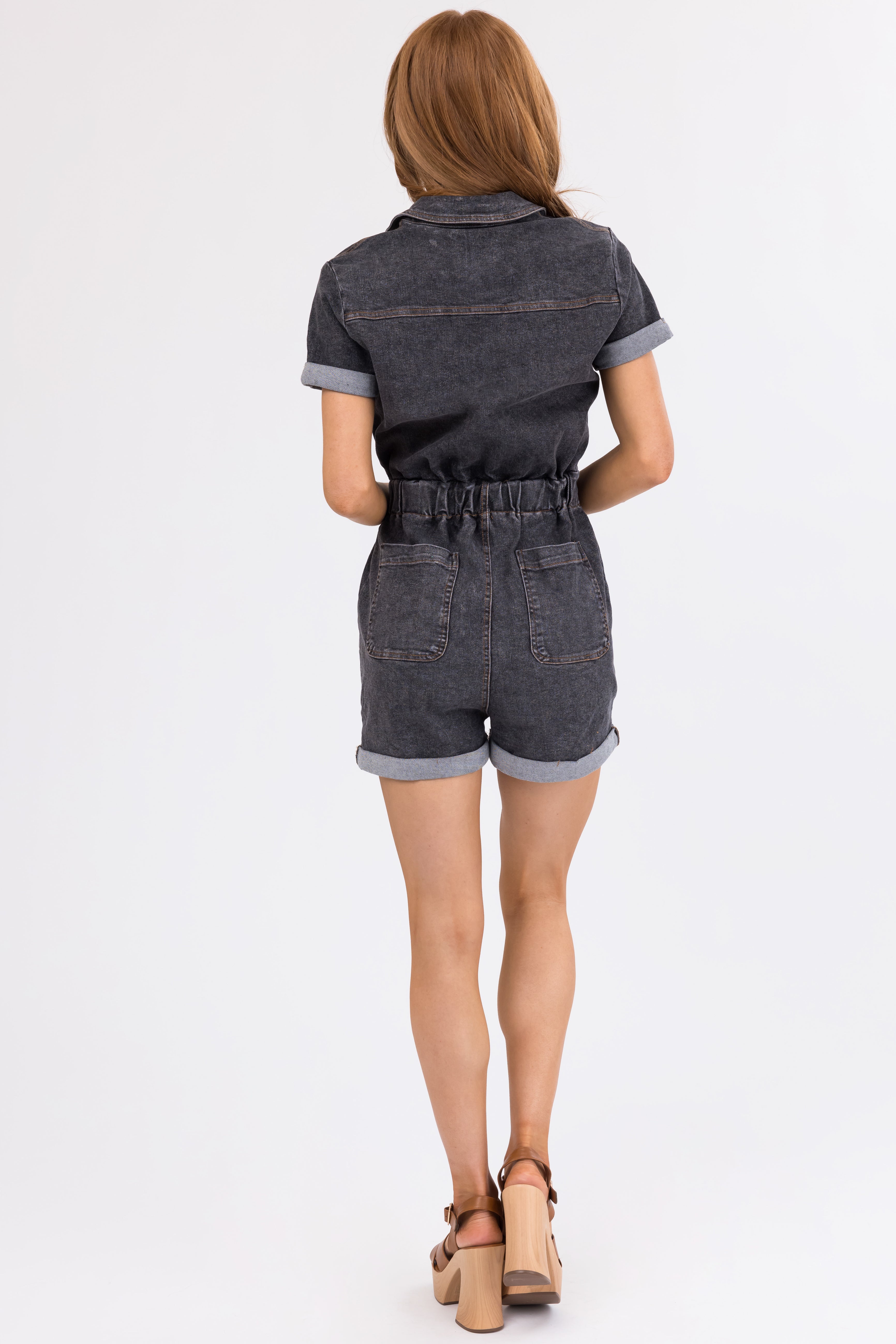 Charcoal Zip Up Short Sleeve Denim Romper