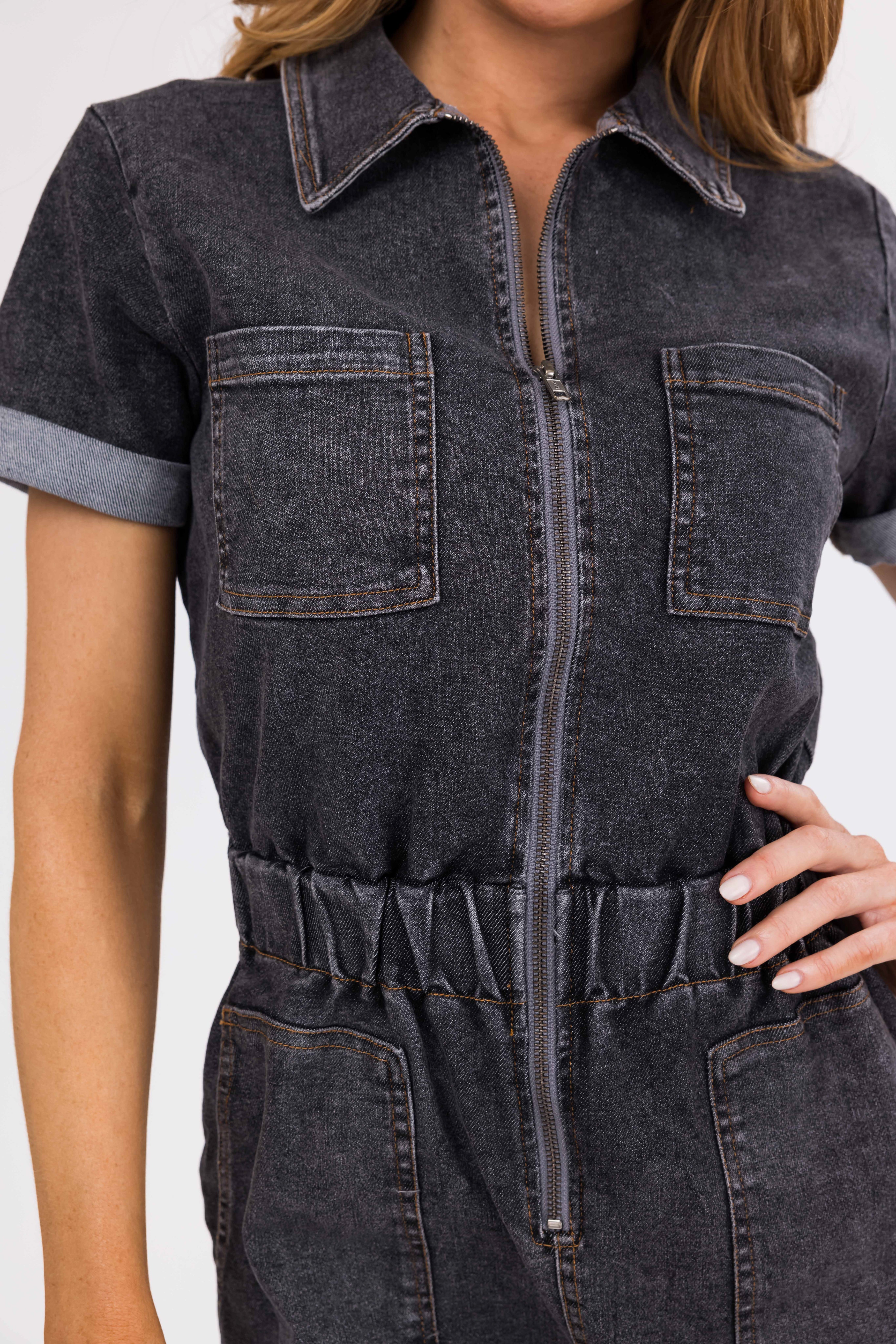 Charcoal Zip Up Short Sleeve Denim Romper