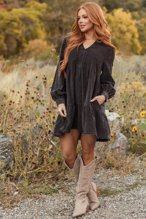 Charcoal Washed Corduroy Tiered Short Dress