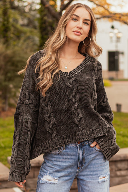 Charcoal Mineral Wash V Neck Cable Knit Sweater