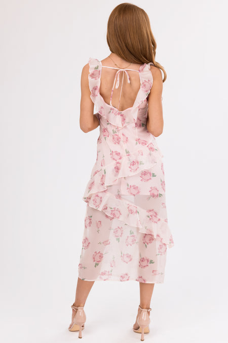 Cherry Blossom Floral Print Ruffle Midi Dress