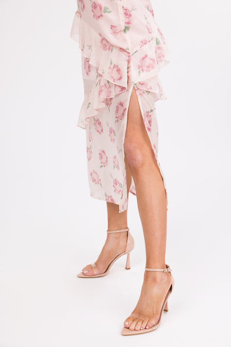 Cherry Blossom Floral Print Ruffle Midi Dress