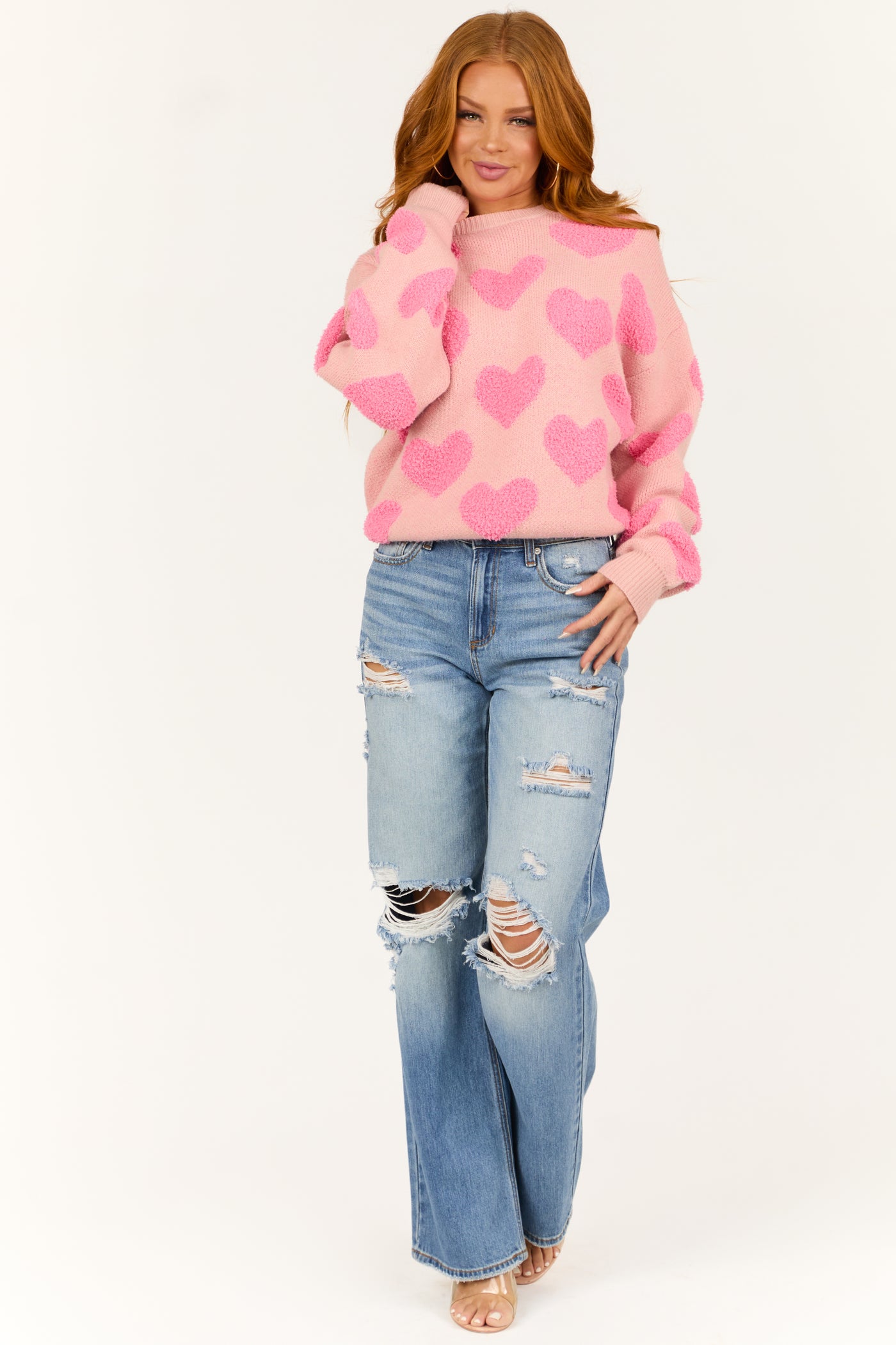 Cherry Blossom Heart Pattern Long Sleeve Sweater