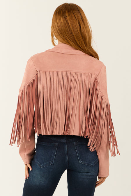 Cherry Blossom Open Front Fringe Faux Suede Jacket