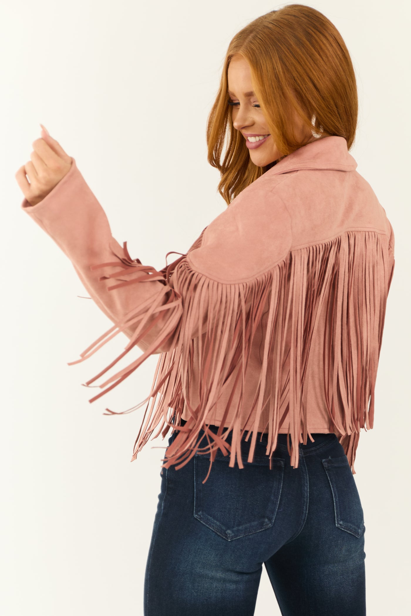 Cherry Blossom Open Front Fringe Faux Suede Jacket