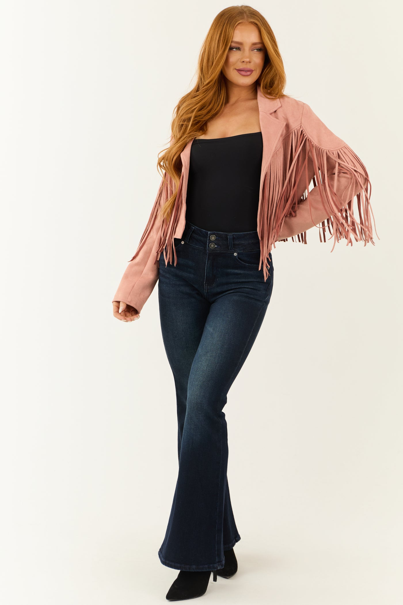 Cherry Blossom Open Front Fringe Faux Suede Jacket