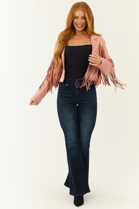 Cherry Blossom Open Front Fringe Faux Suede Jacket