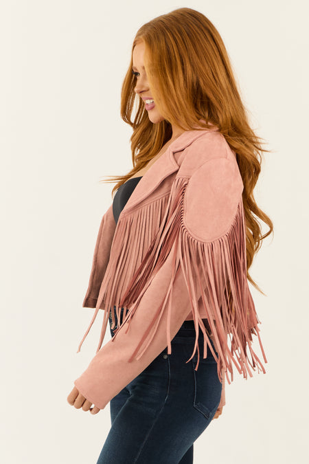 Cherry Blossom Open Front Fringe Faux Suede Jacket