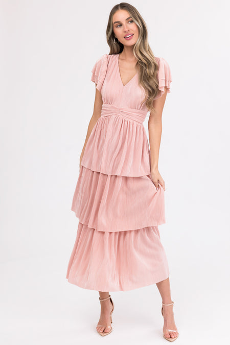 Cherry Blossom Pleated Ruffle Tiered Midi Dress