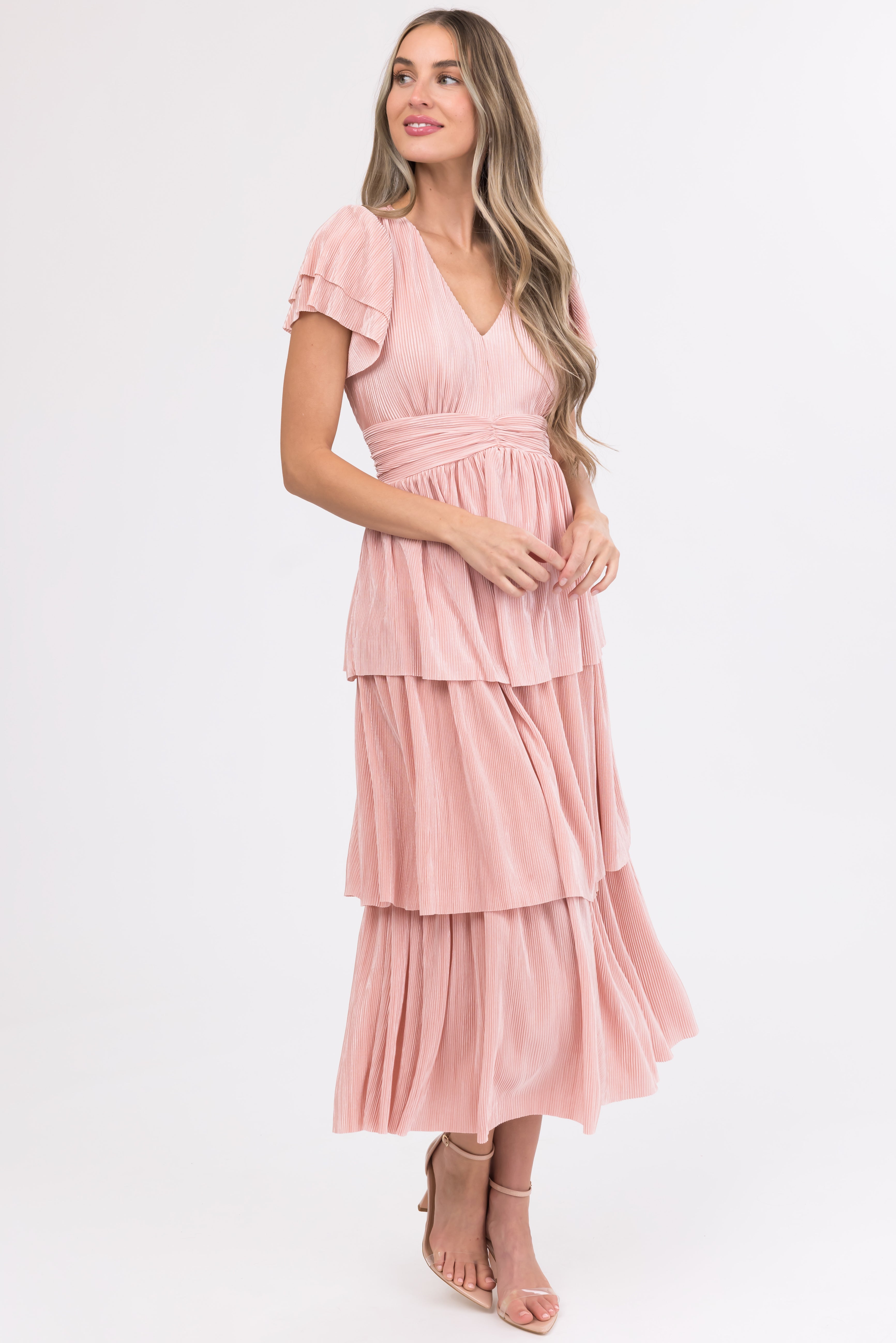 Cherry Blossom Pleated Ruffle Tiered Midi Dress