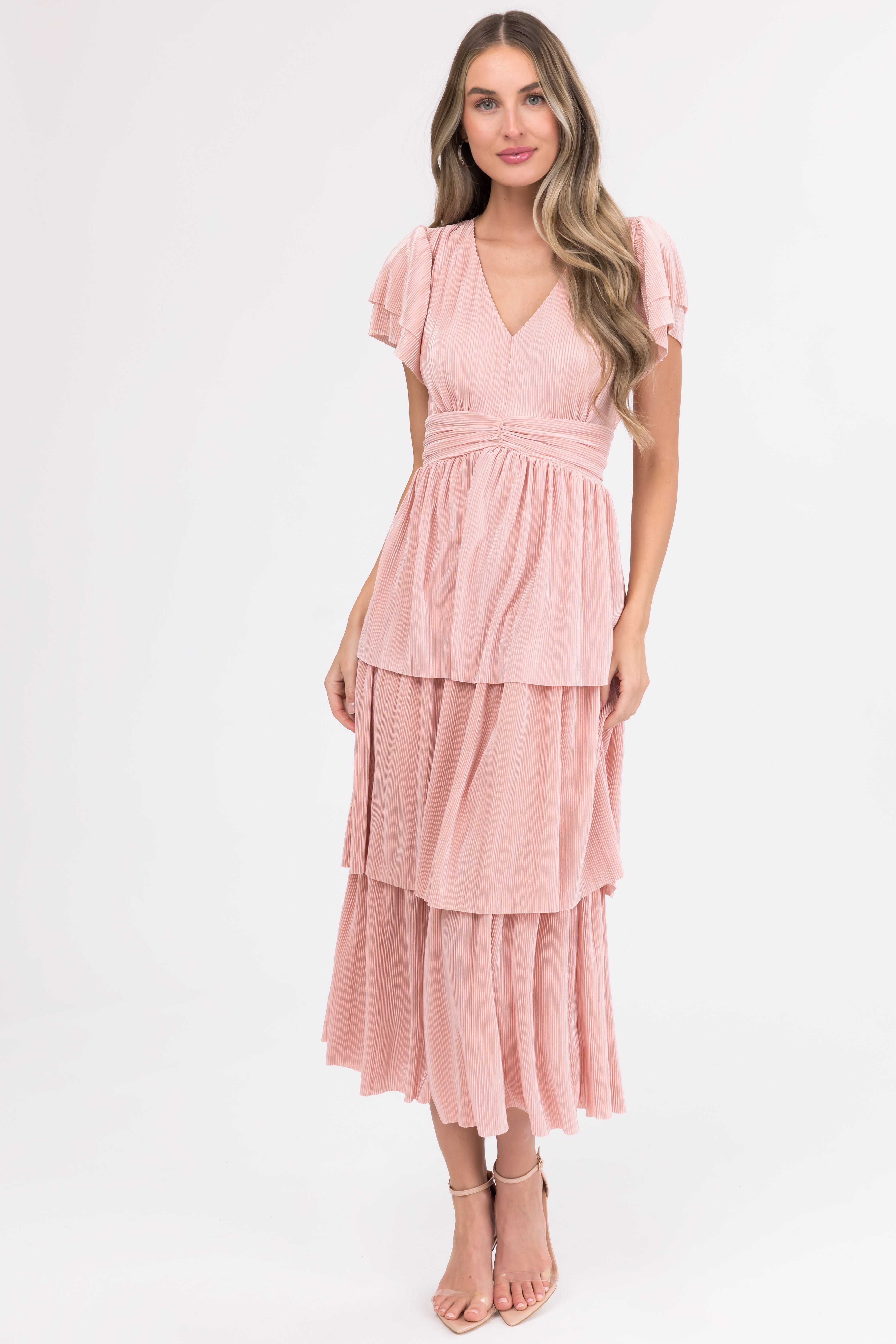 Cherry Blossom Pleated Ruffle Tiered Midi Dress