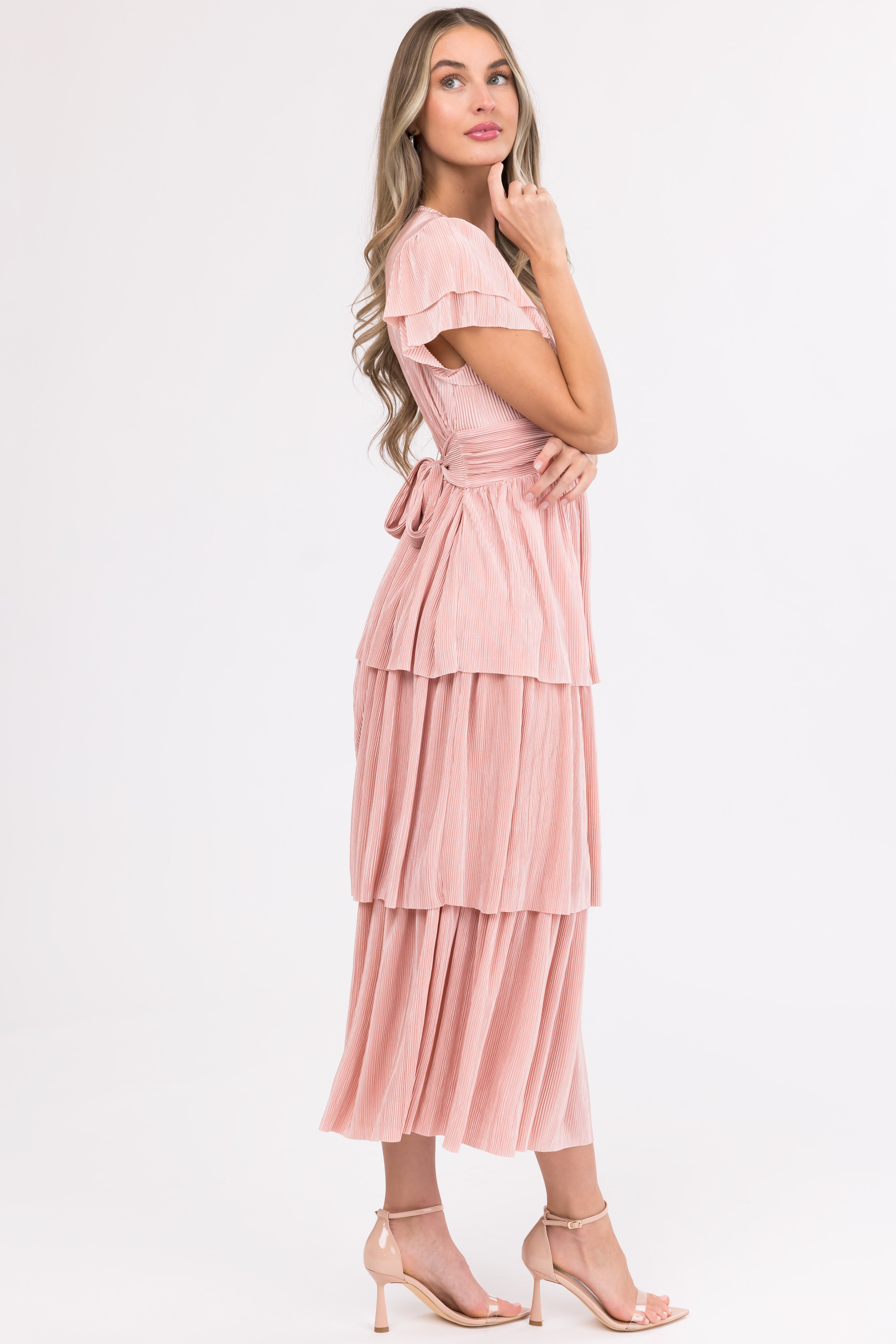 Cherry Blossom Pleated Ruffle Tiered Midi Dress