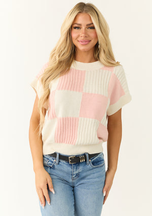 Cherry Blossom and Cream Checkered Print Sweater