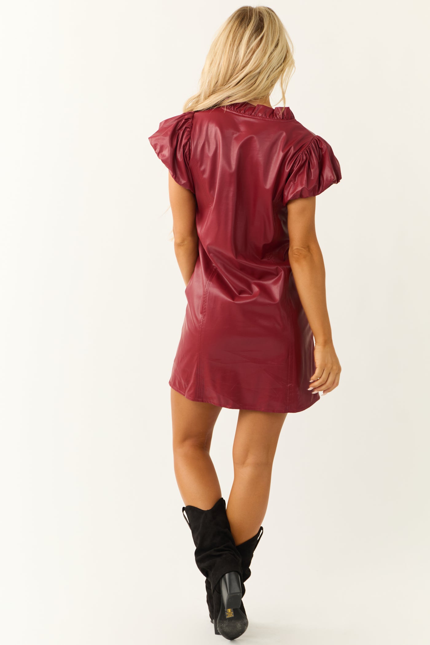 Cherry Faux Leather V Neck Short Dress