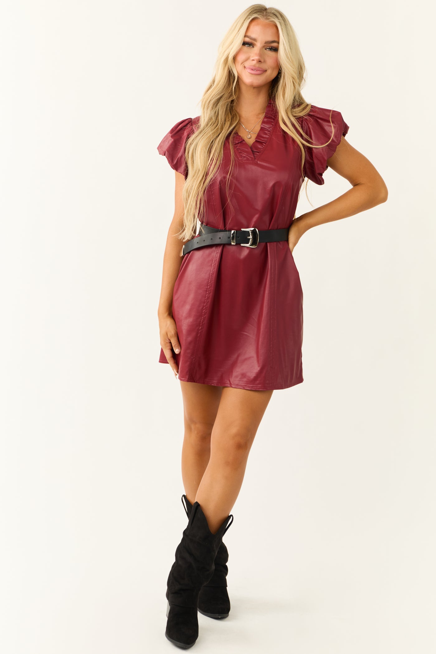 Cherry Faux Leather V Neck Short Dress