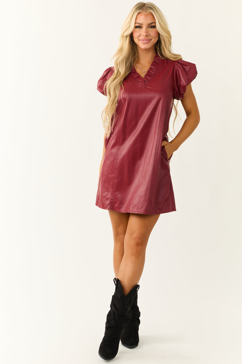 Cherry Faux Leather V Neck Short Dress