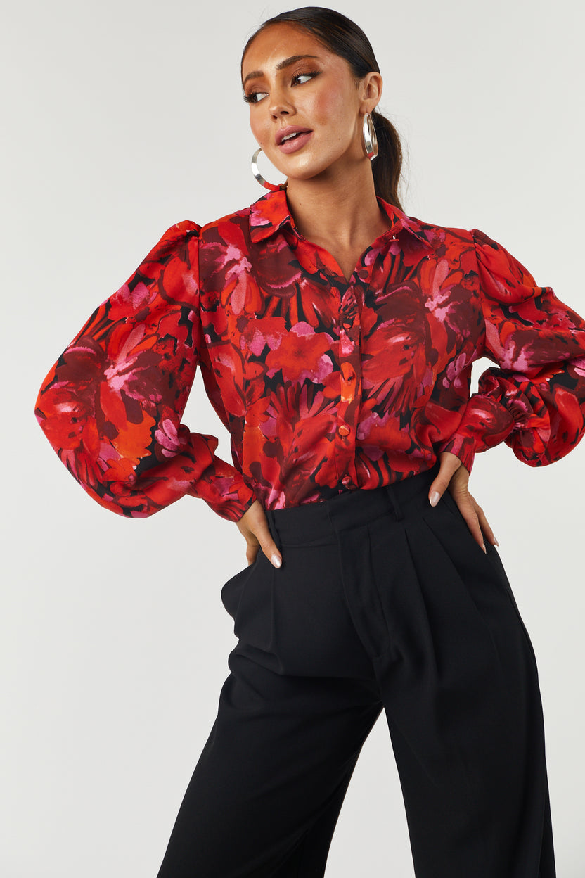 Cherry Floral Print Long Sleeve Button Up Top