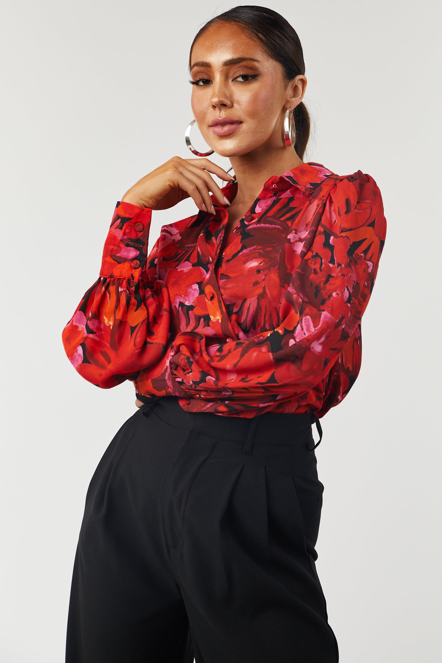 Cherry Floral Print Long Sleeve Button Up Top