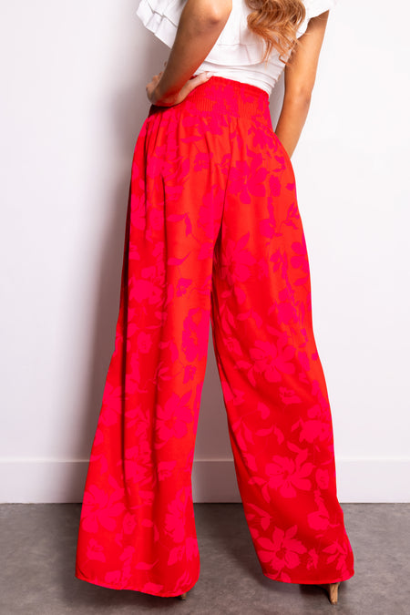 Cherry Floral Print Wide Leg Pants