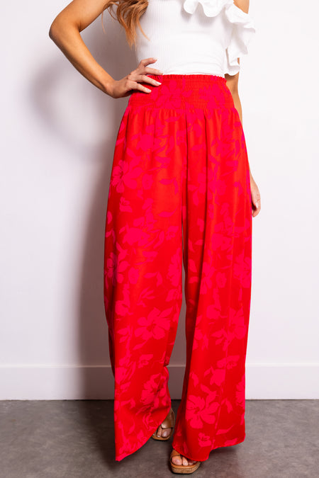 Cherry Floral Print Wide Leg Pants