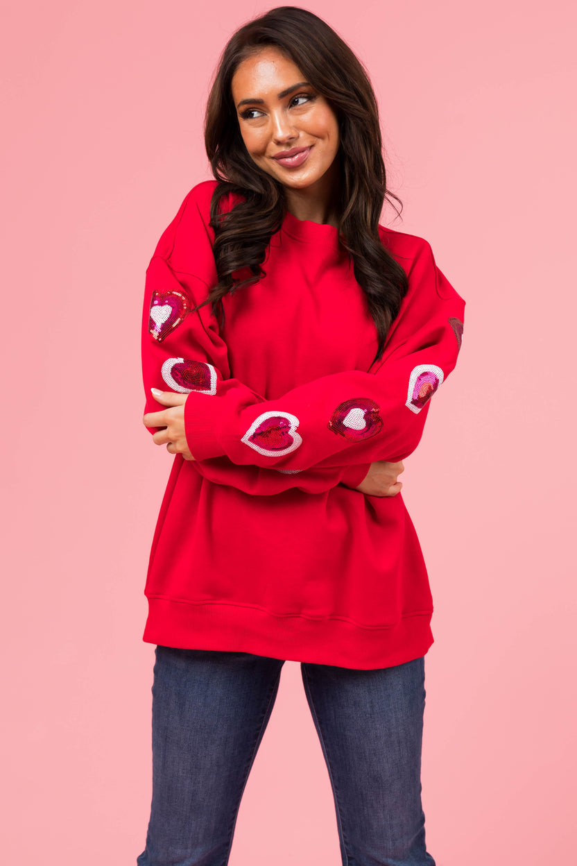 Cherry Sequin Heart Sleeve Fleece Sweatshirt