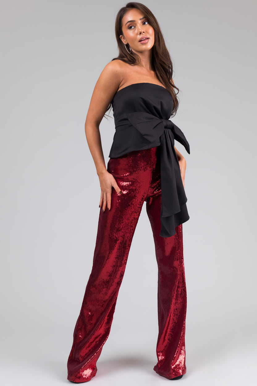 Cherry Sequined Wide Leg High Waisted Pants