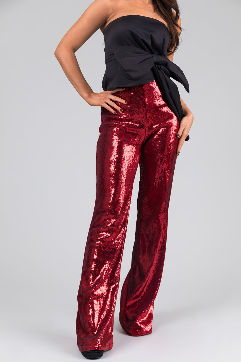 Cherry Sequined Wide Leg High Waisted Pants