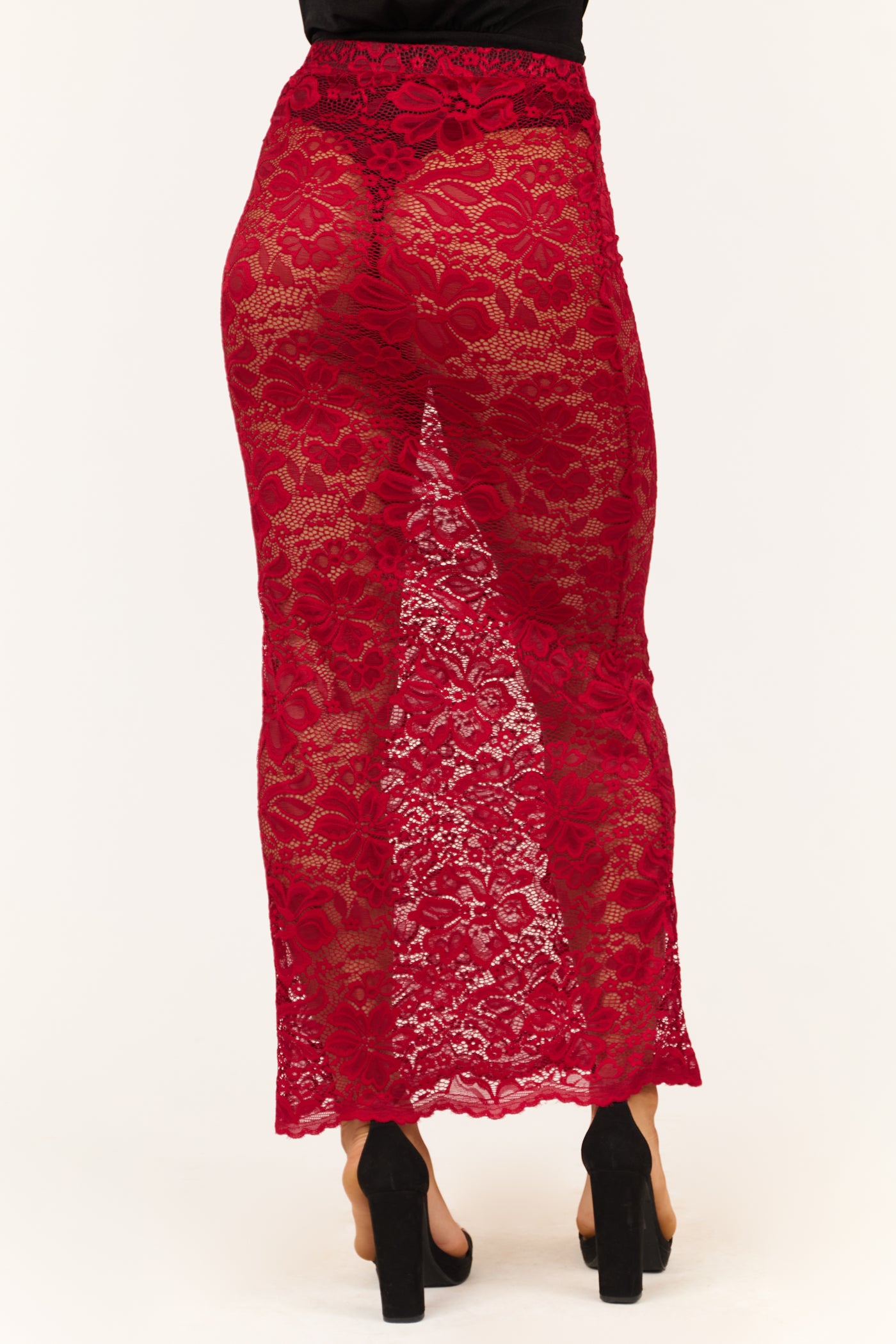 Cherry Sheer Floral Lace Slight Flare Maxi Skirt