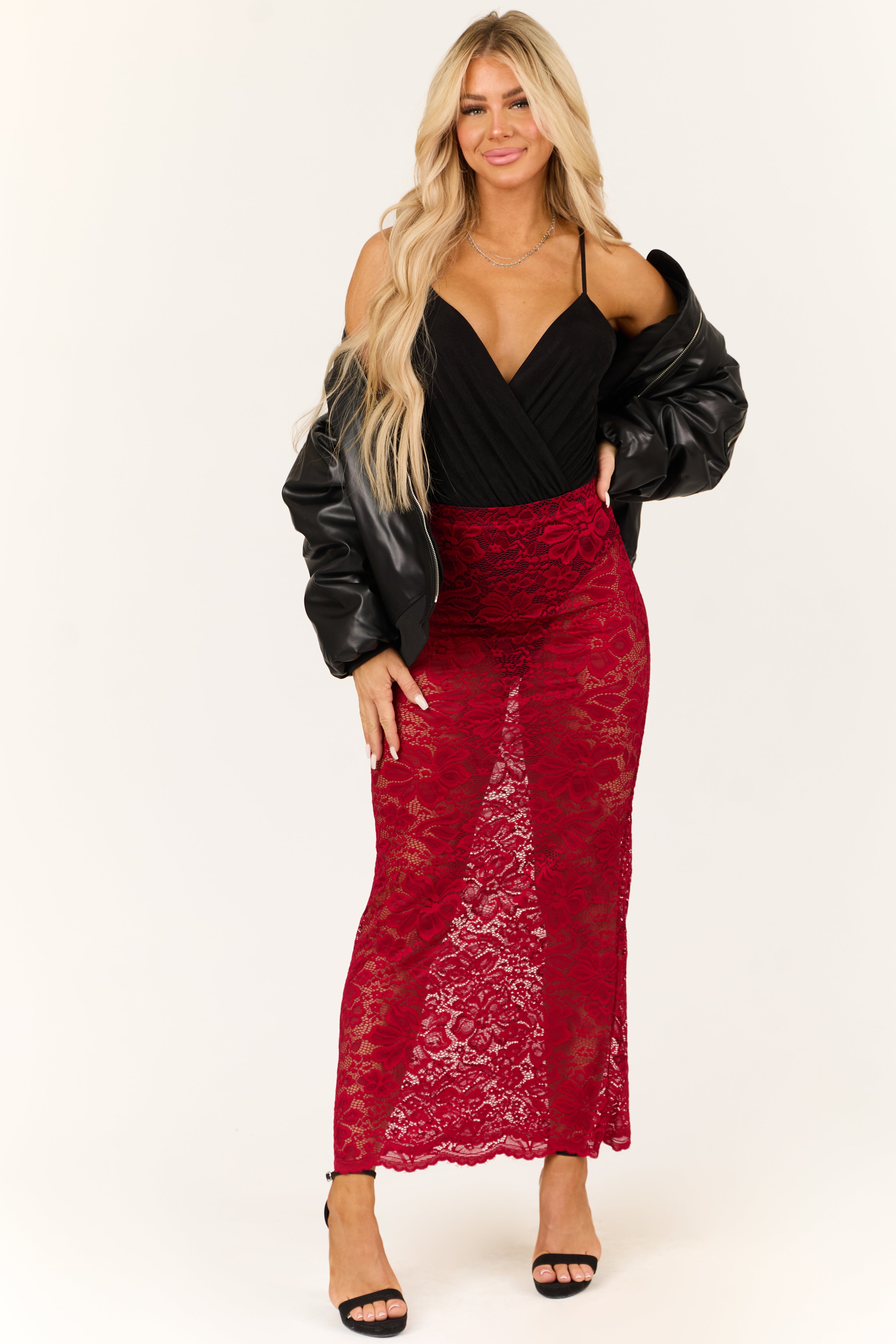 Cherry Sheer Floral Lace Slight Flare Maxi Skirt