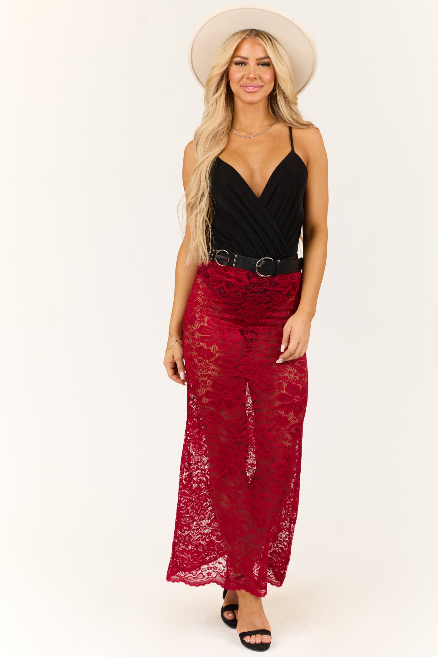 Cherry Sheer Floral Lace Slight Flare Maxi Skirt