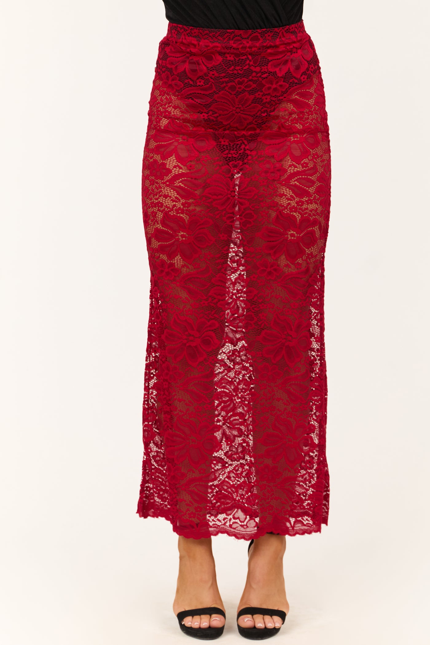 Cherry Sheer Floral Lace Slight Flare Maxi Skirt