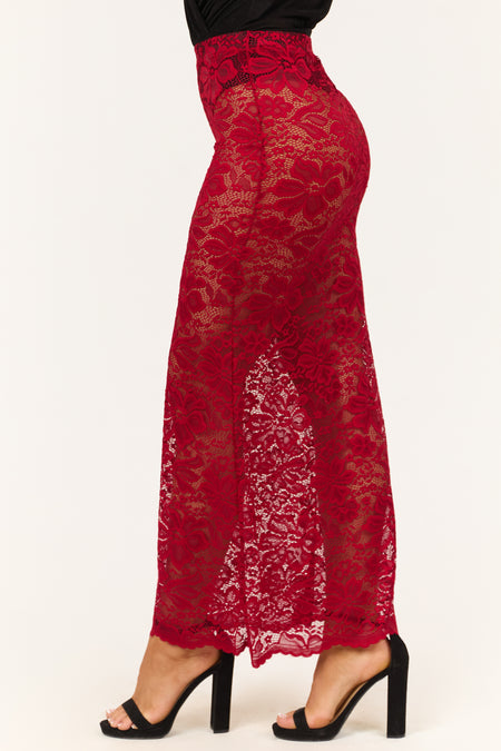 Cherry Sheer Floral Lace Slight Flare Maxi Skirt