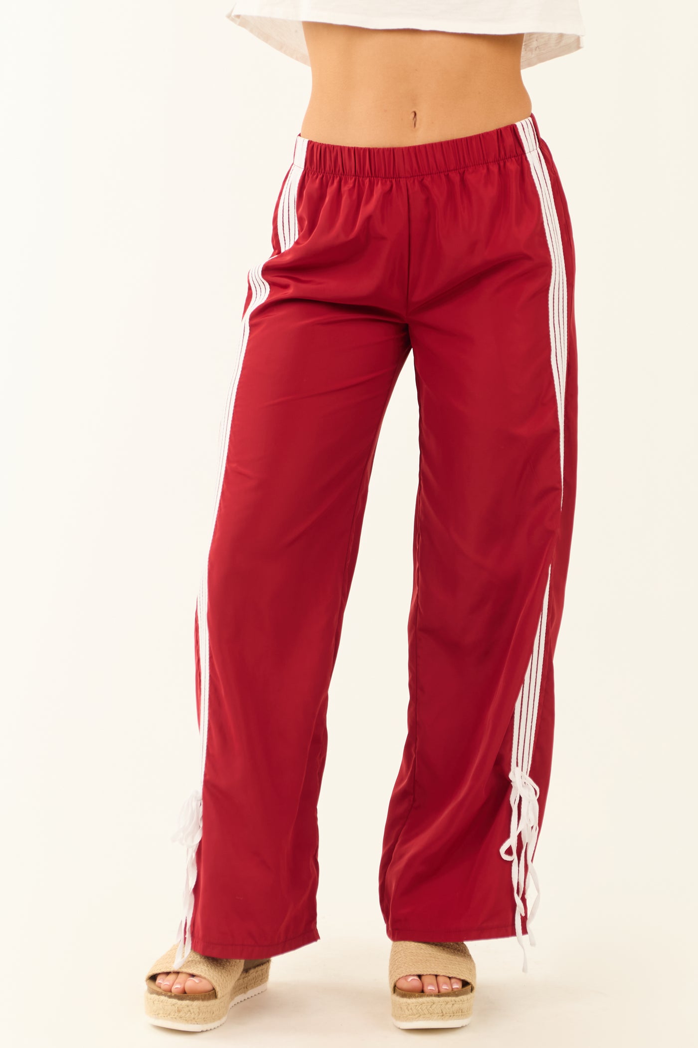 Cherry Side Striped Ribbon Wide Leg Track Pants